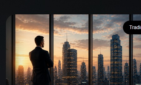 Broker looking over a city skyline