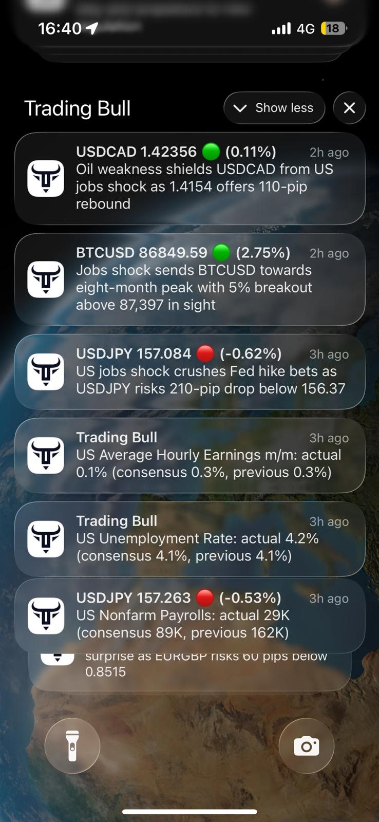 Trading Bull push notifications on an iPhone lock screen, including BTCUSD, USDCAD and USDJPY trade ideas and US jobs data